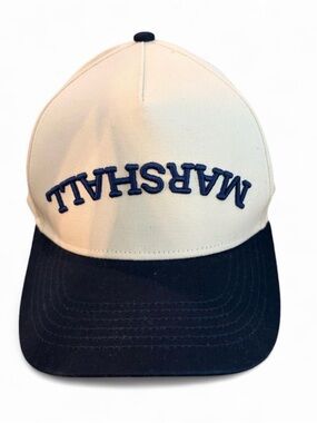 Marshall upside-down logo snapback hat cream + navy blue two tone baseball cap